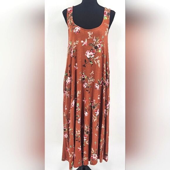 Torrid Burnt Orange Floral Super Soft Midi Dress Womens Plus Size 0X Sleeveless - Picture 2 of 9
